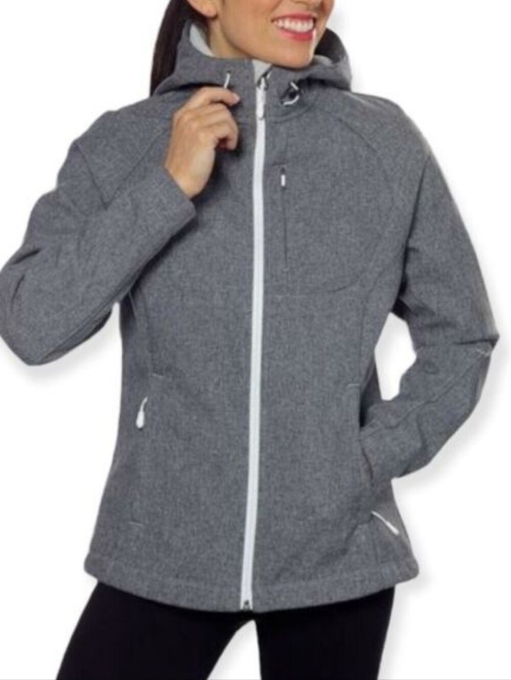 Kirkland Signature Women's Gray Hooded Softshell Jacket with White Zippers